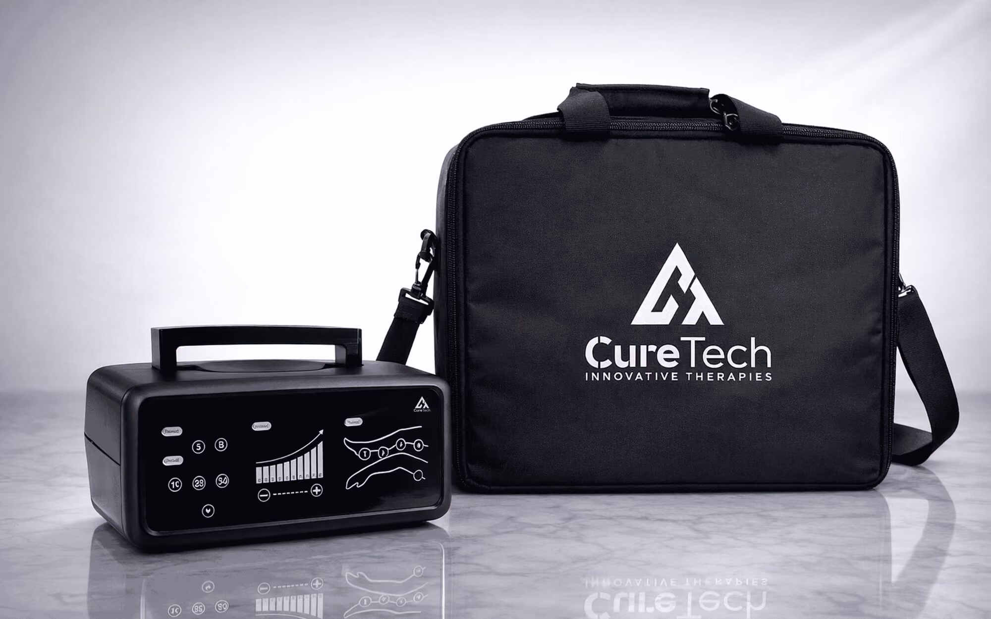 Black CureTech therapy device with digital display and a black carrying case on marble surface.