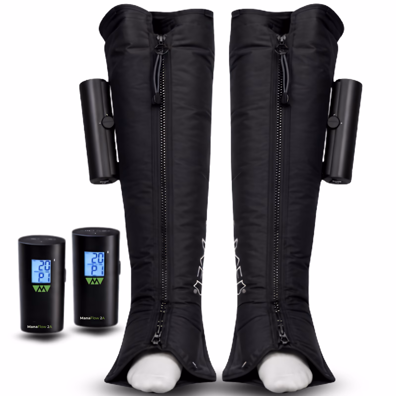 Pair of black leg compression sleeves with attached pumps and two remote controllers showing settings.