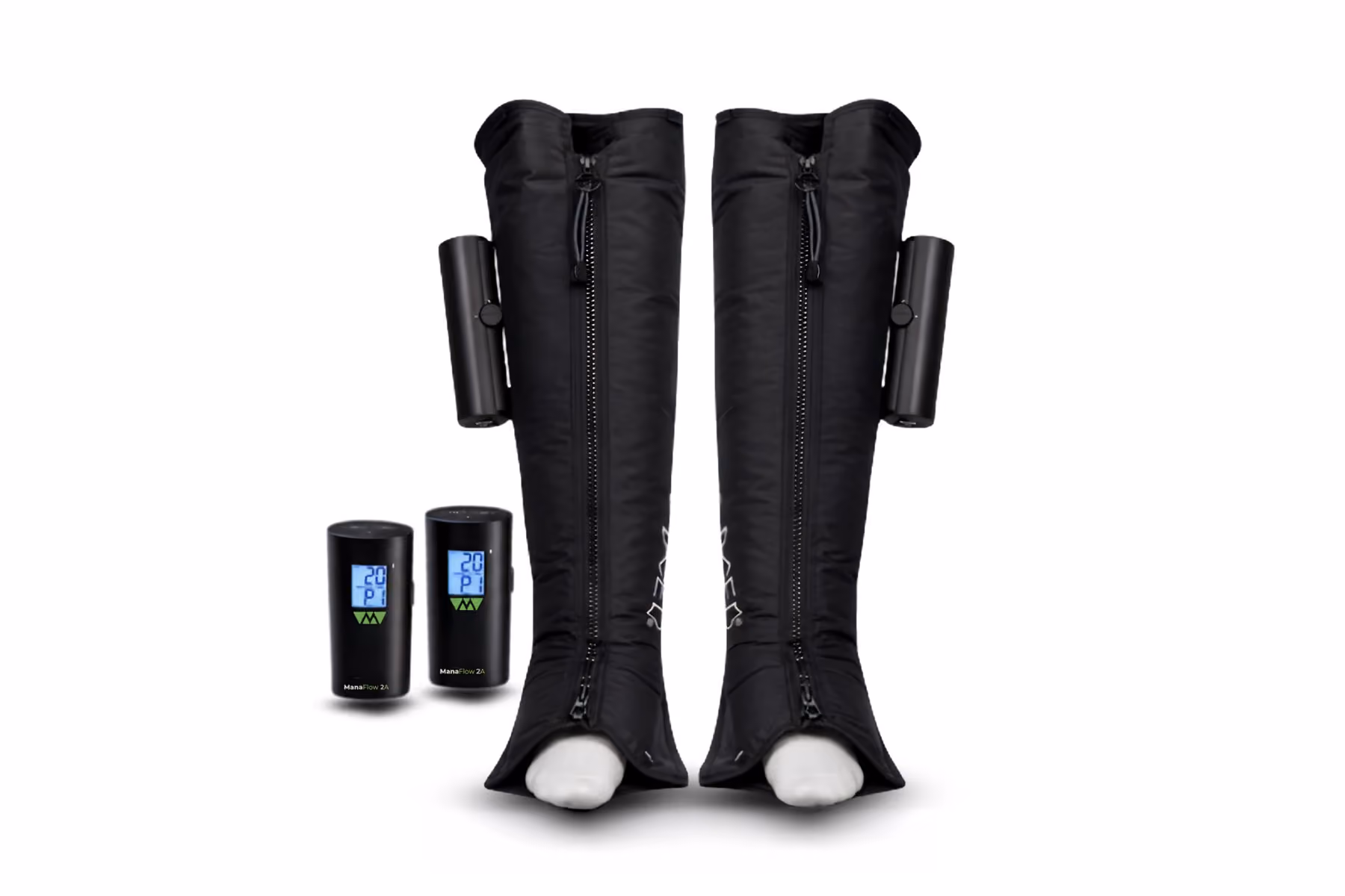 Pair of black compression leg sleeves with zippers, attached cylindrical devices, and two remote controls.