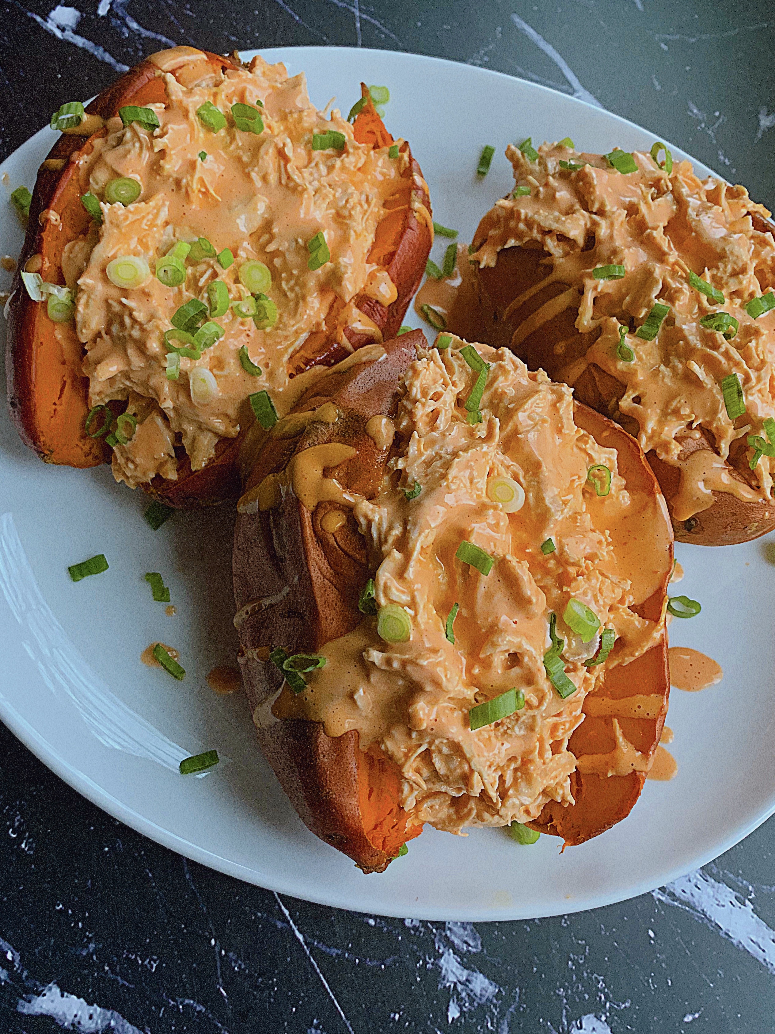 Buffalo Chicken Stuffed Sweet Potatoes
