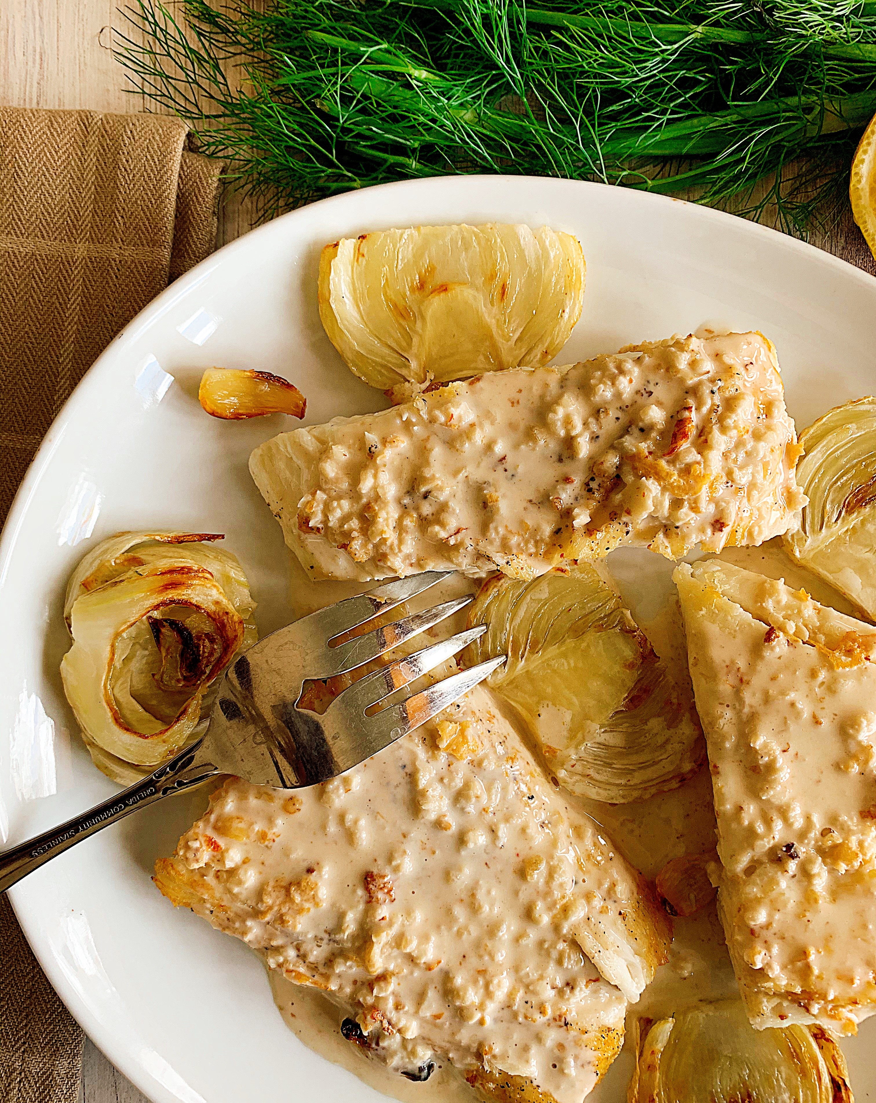 Halibut with Garlic Cream & Roasted Fennel