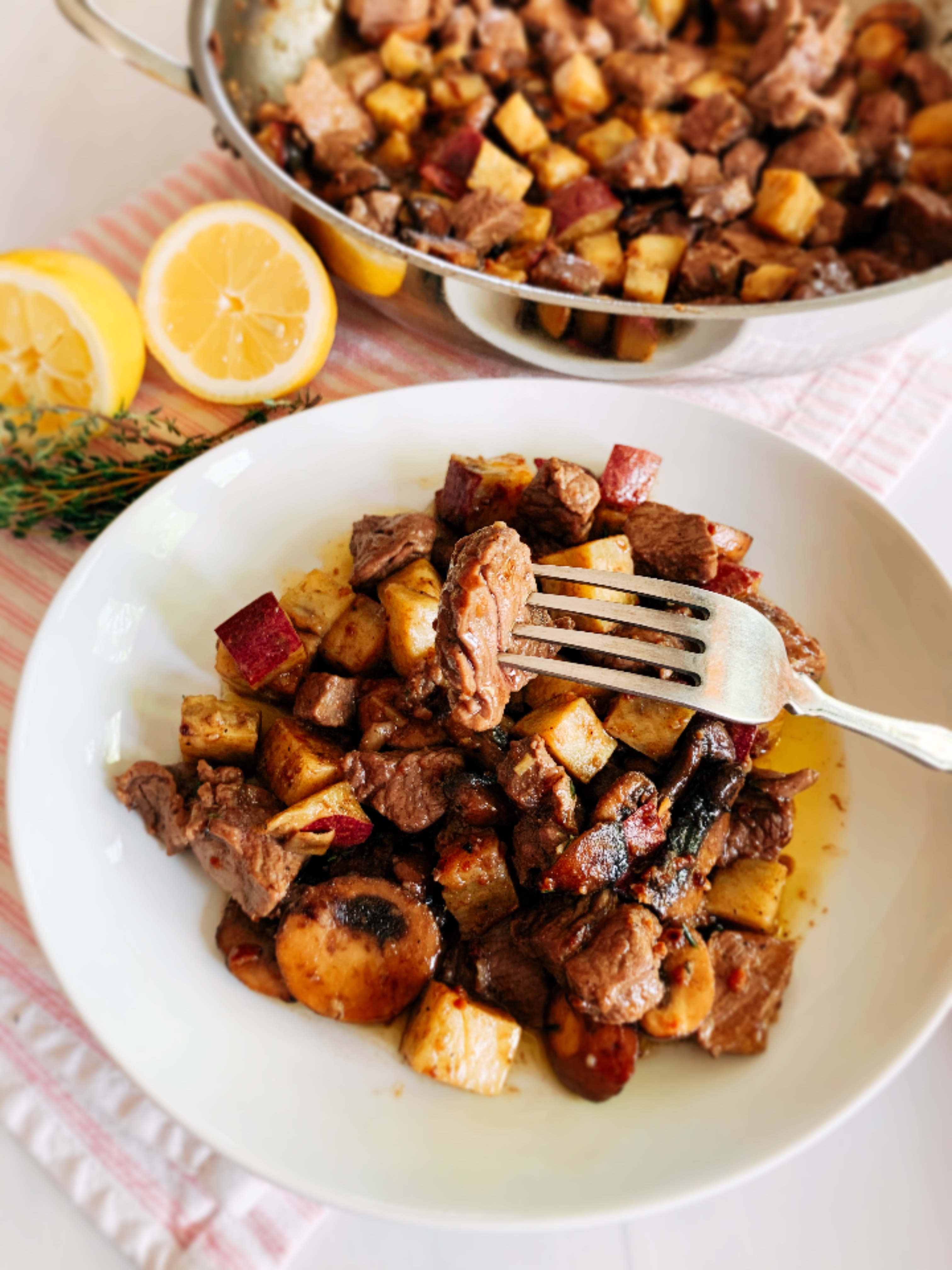 Garlic Butter Steak Bites with Mushrooms & Sweet Potatoes