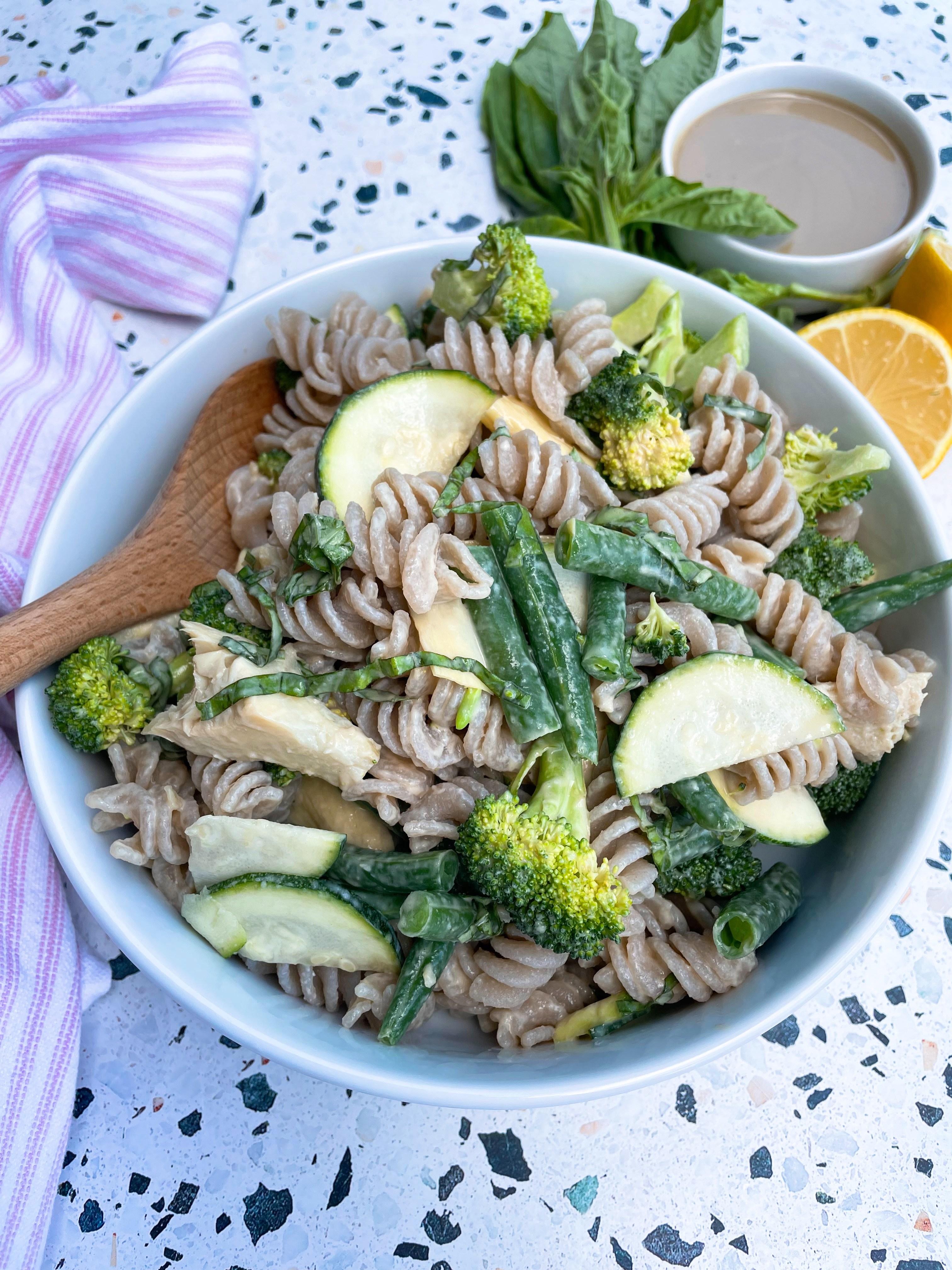 Veggie Pasta Salad with a Lemon Tahini Dressing