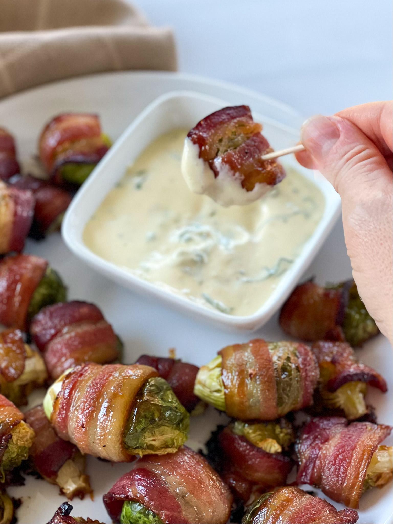 Maple Glazed Bacon Wrapped Brussels Sprouts with Basil Aioli