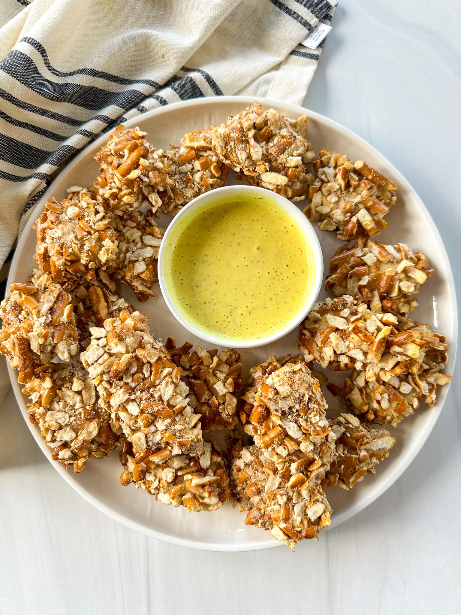 Pretzel Chicken Bites with Honey Mustard