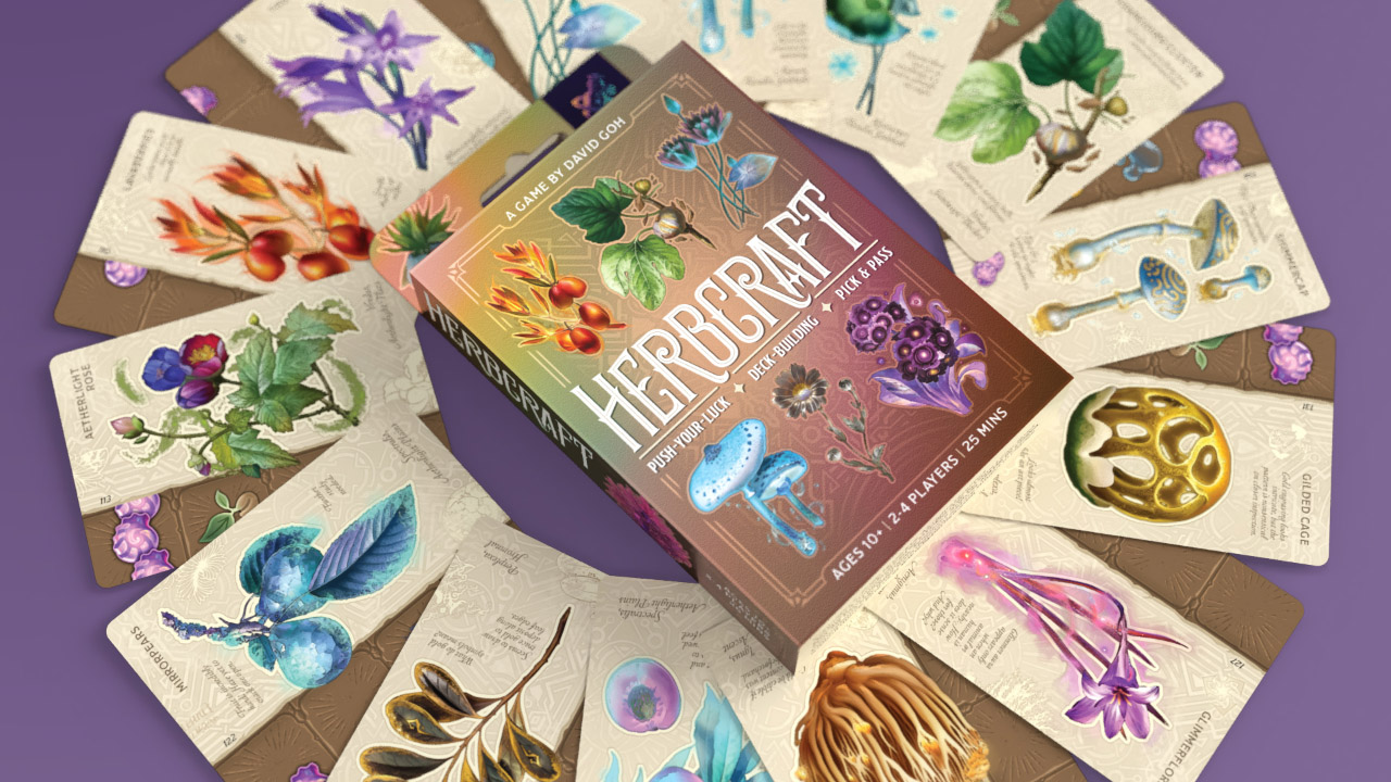 Herbcraft card game box surrounded by illustrated botanical cards featuring colorful plants and fungi on a purple background.