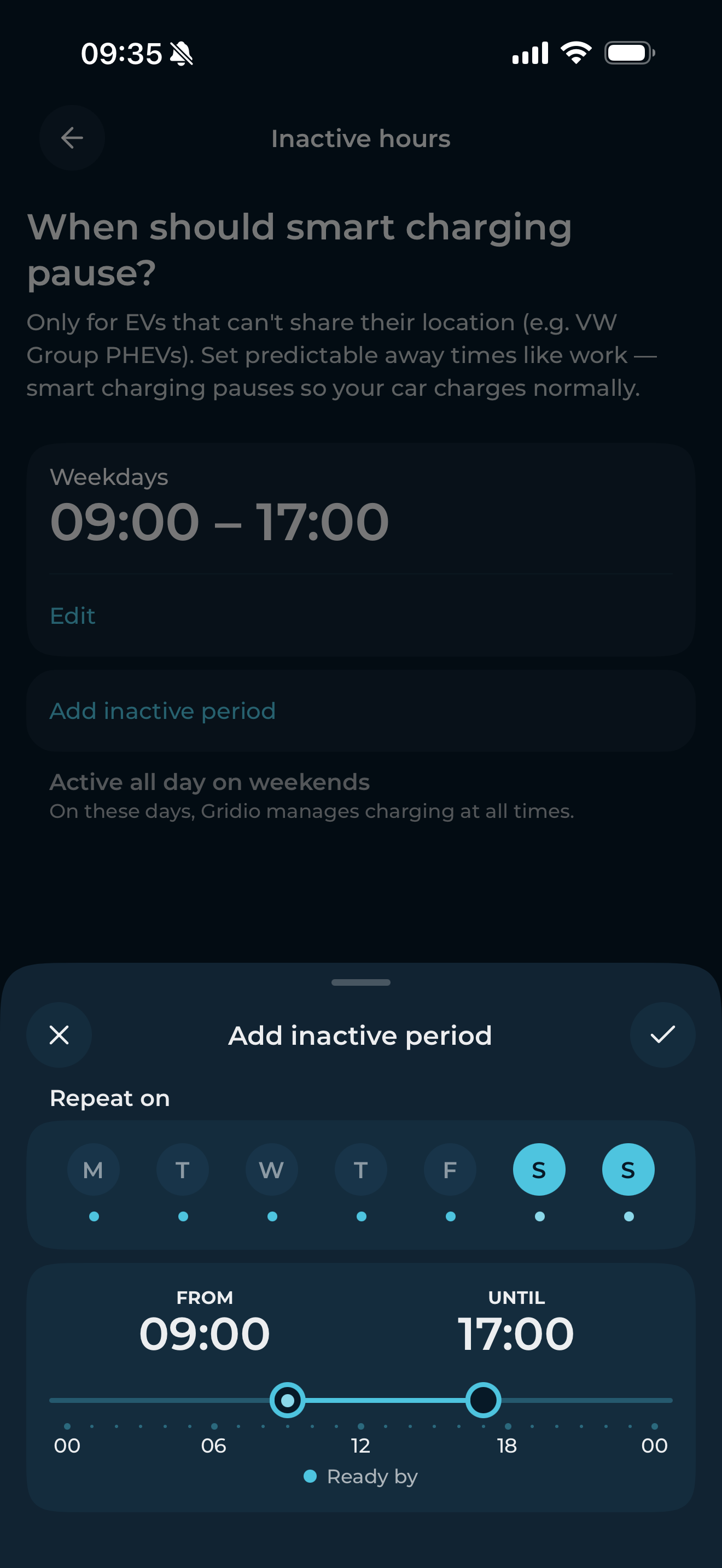 Inactive hours list showing active period on weekdays