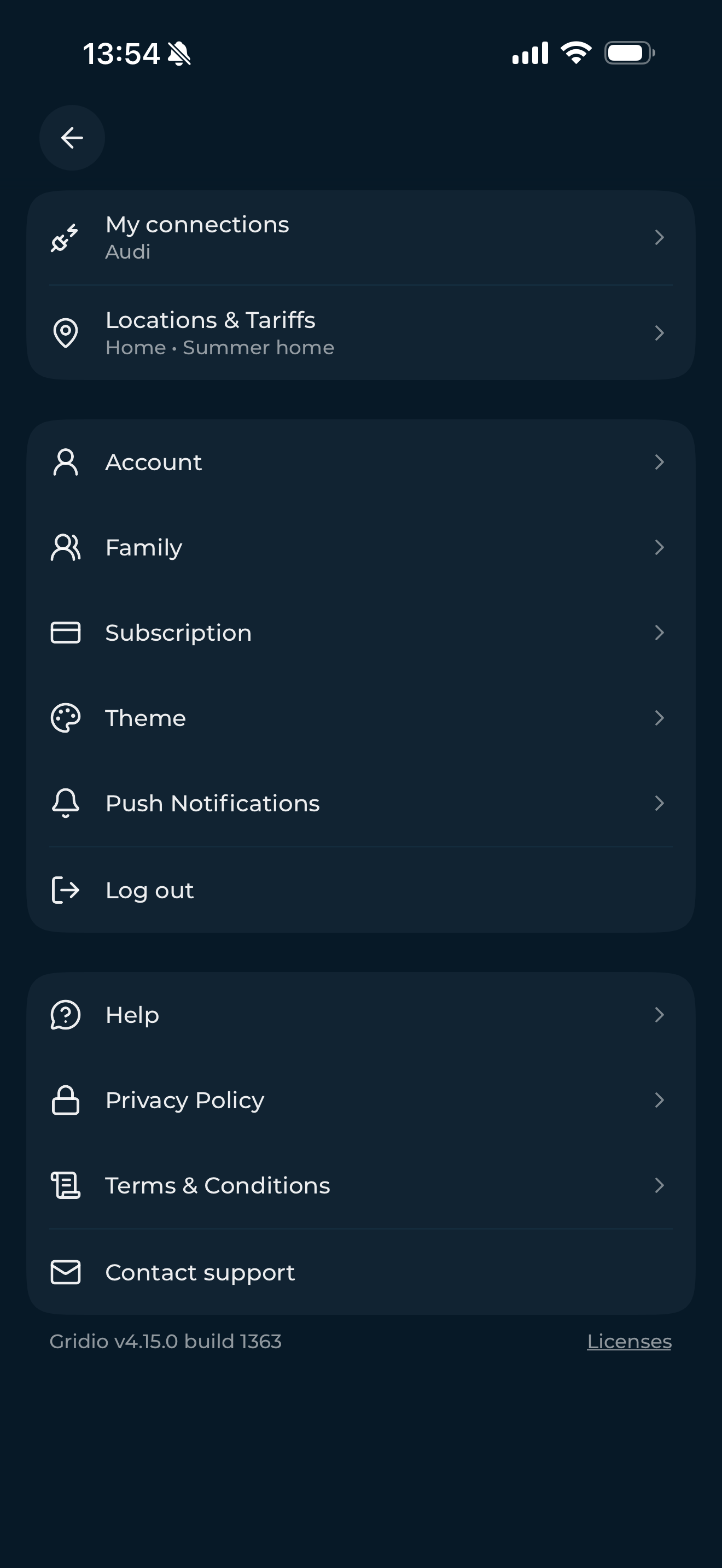 Settings screen showing Locations and Tariffs with Home and Summer home