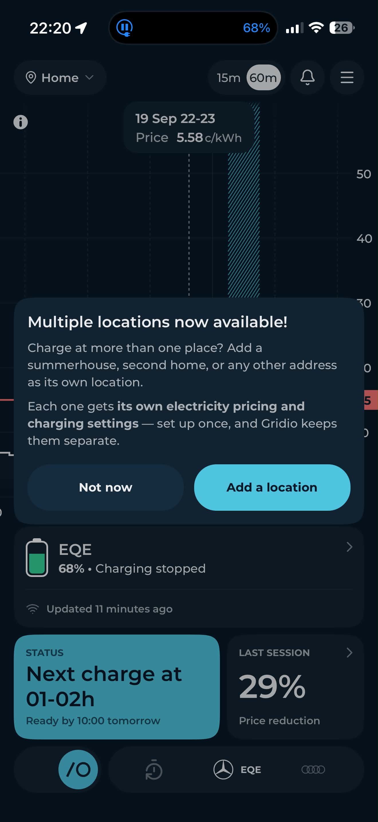 Gridio home screen with a notice announcing multiple locations