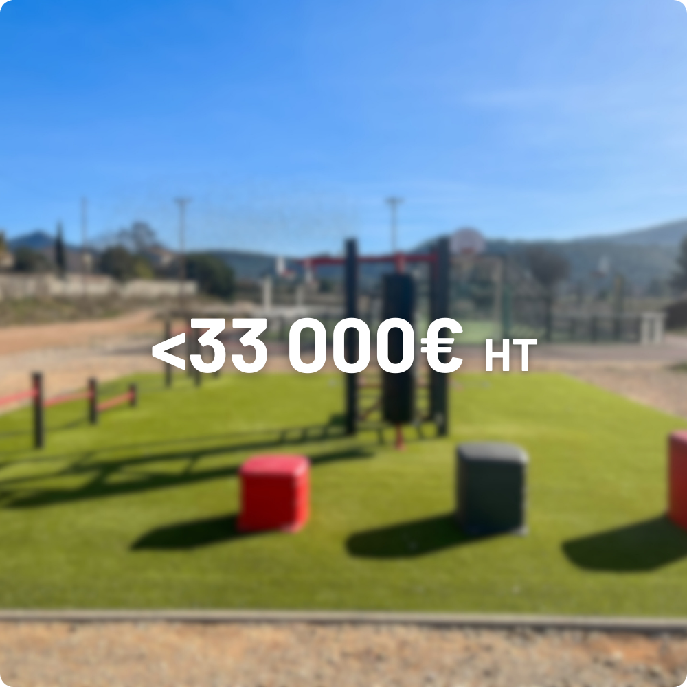 Outdoor fitness area with green turf, exercise equipment, and text showing price under 33,000 euros.