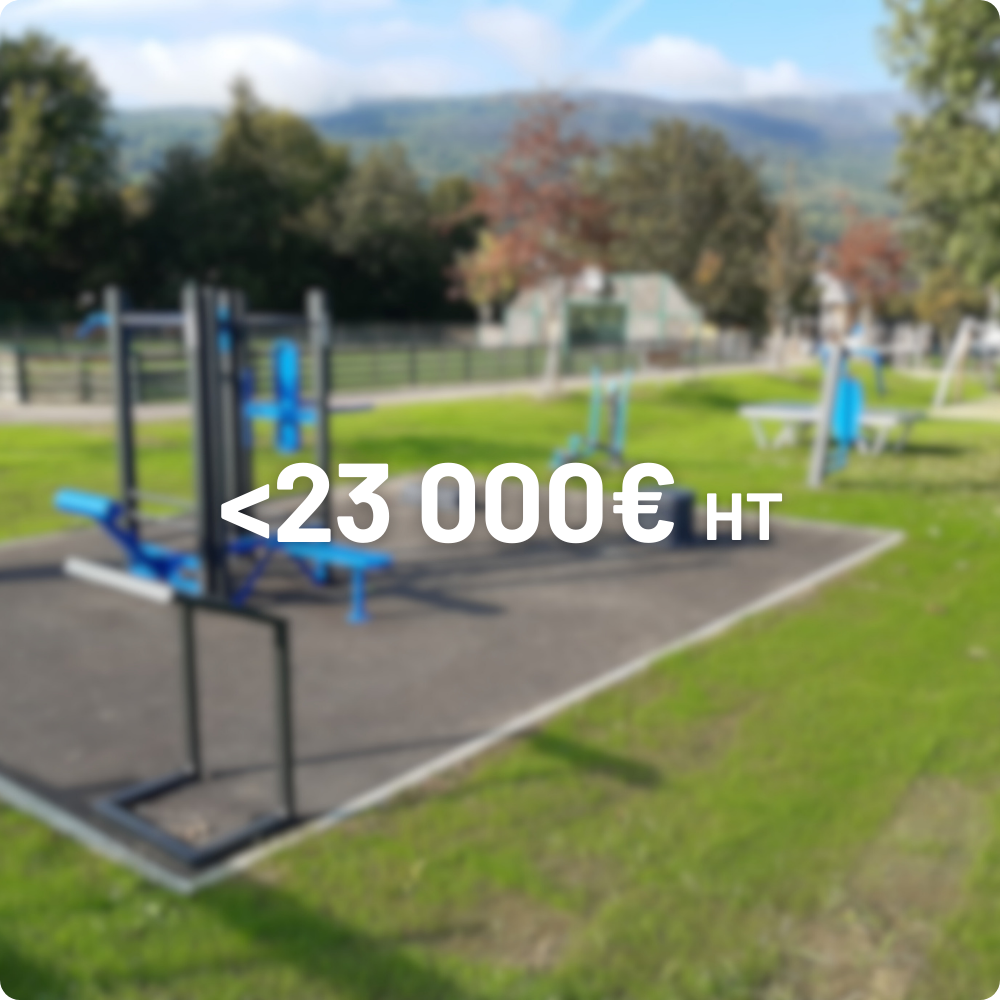 Outdoor gym equipment set up on a grassy park area with trees and mountains in the background.