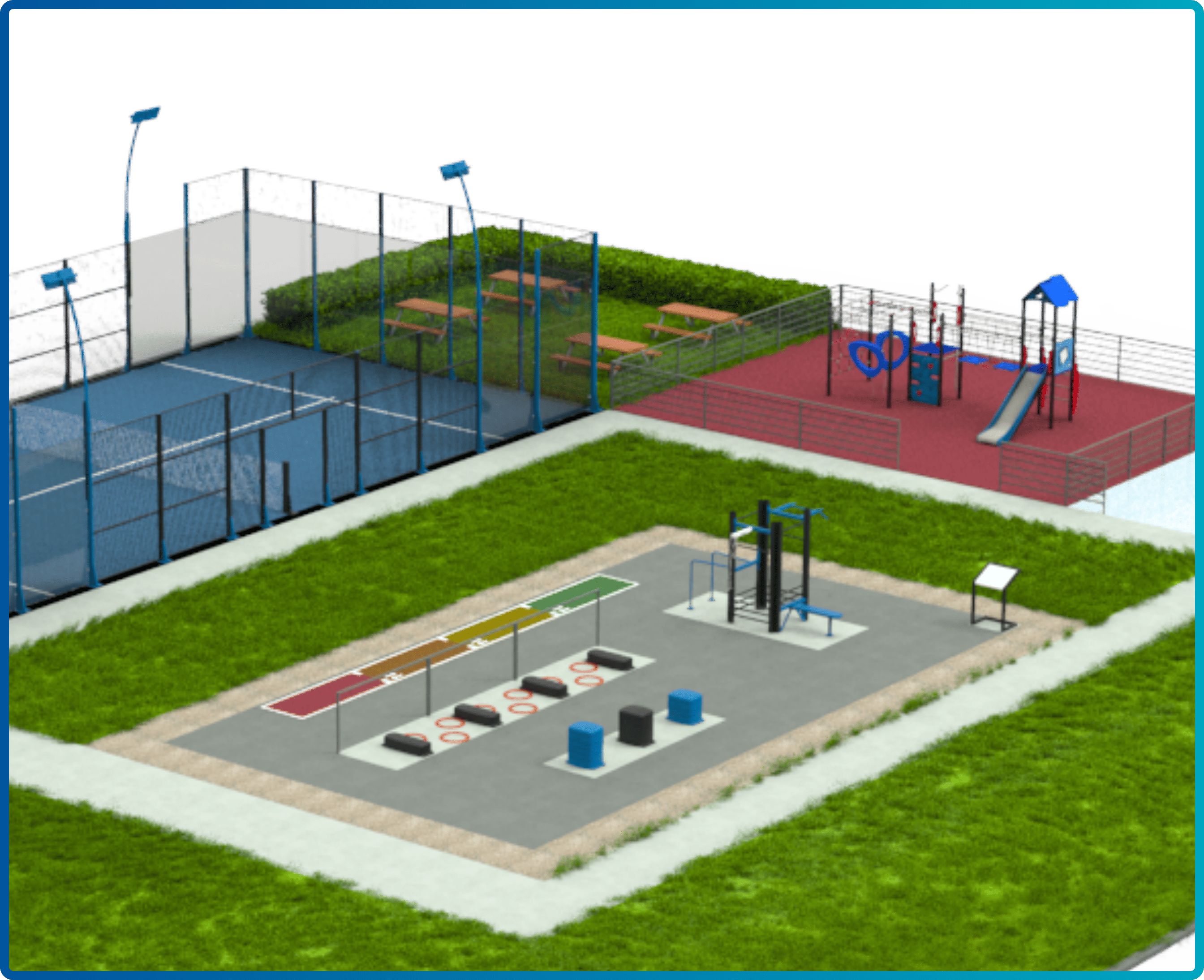 Outdoor recreational area with a blue tennis court, picnic tables on grass, a playground with slide, and a fitness zone with exercise equipment.
