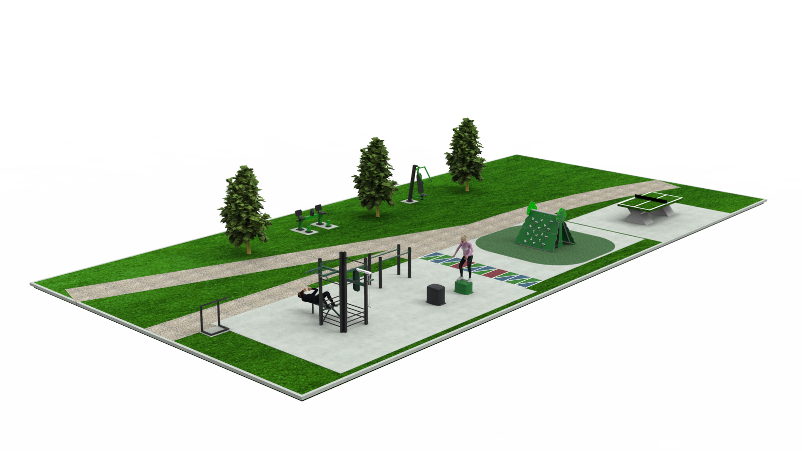 Modélisation 3D du plateau sportif AirFit projeté pour Labarthe-sur-Lèze, agrès, couloir de vélocité et cheminement du quartier