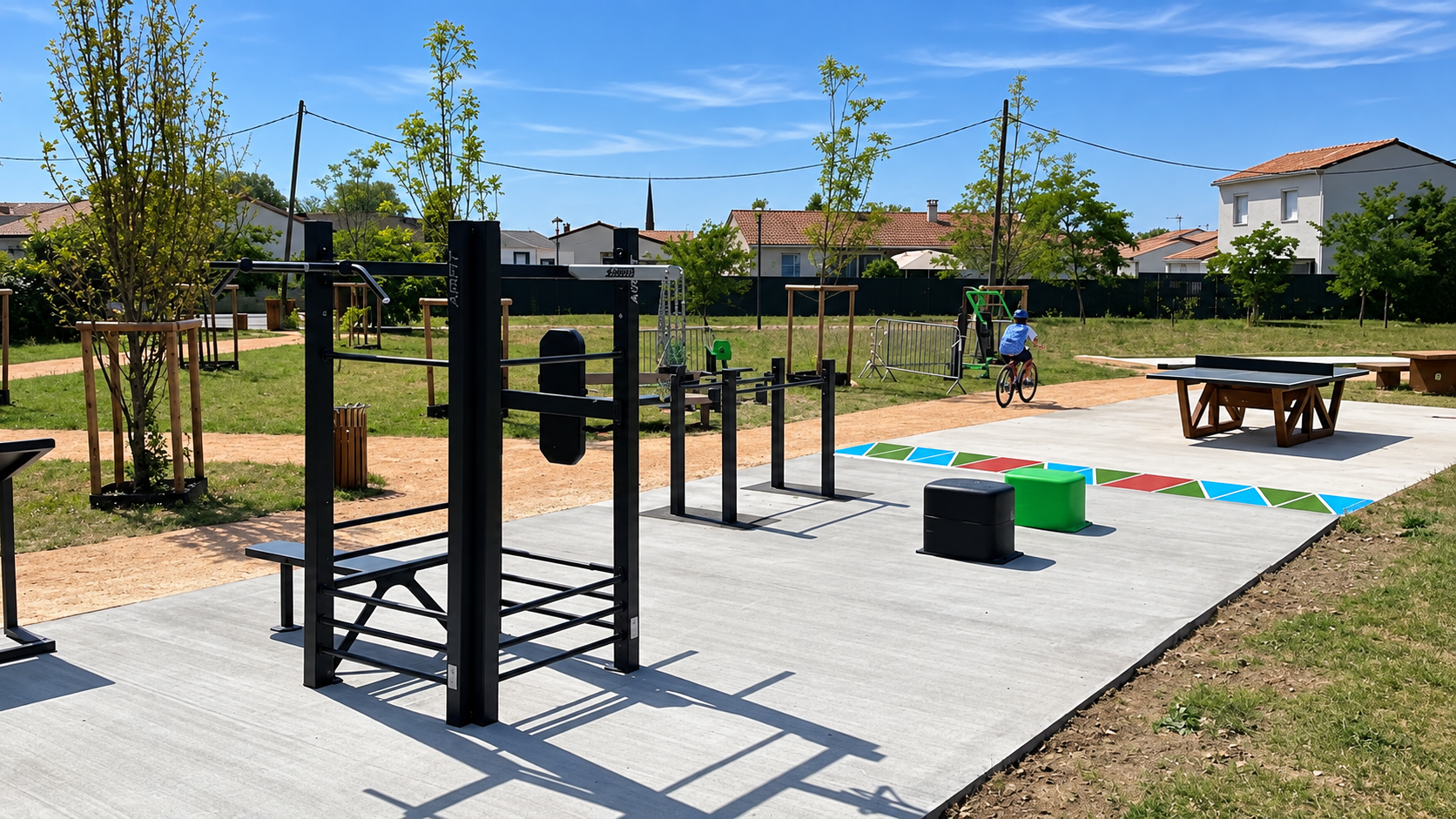 Aire de fitness AirFit en accès libre au quartier Enroux à Labarthe-sur-Lèze, structure 4 Faces, plints, couloir de vélocité et table de ping-pong
