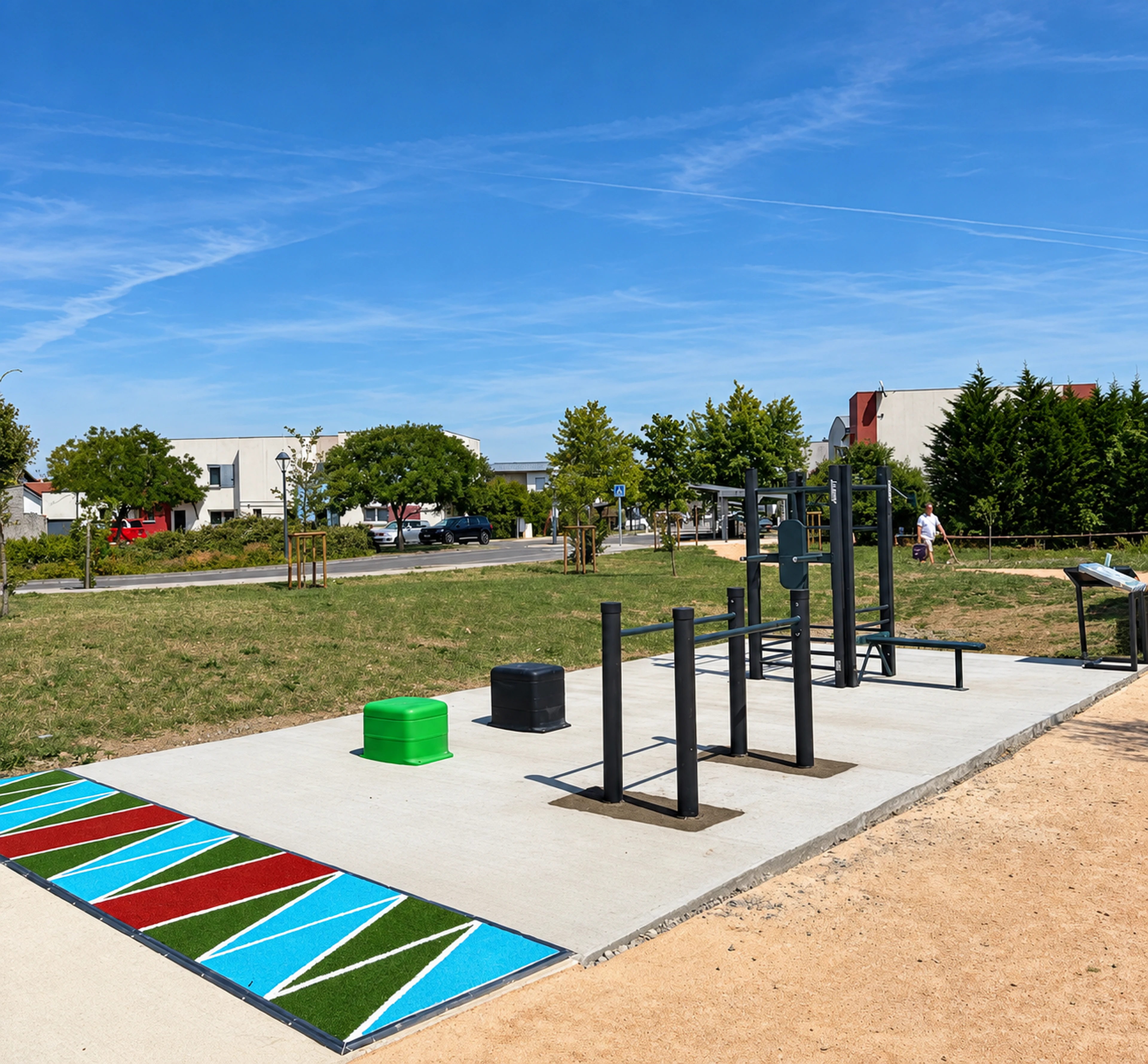Structure 4 Faces, barres parallèles et plints de l'aire de fitness AirFit de Labarthe-sur-Lèze, vue depuis le couloir de vélocité