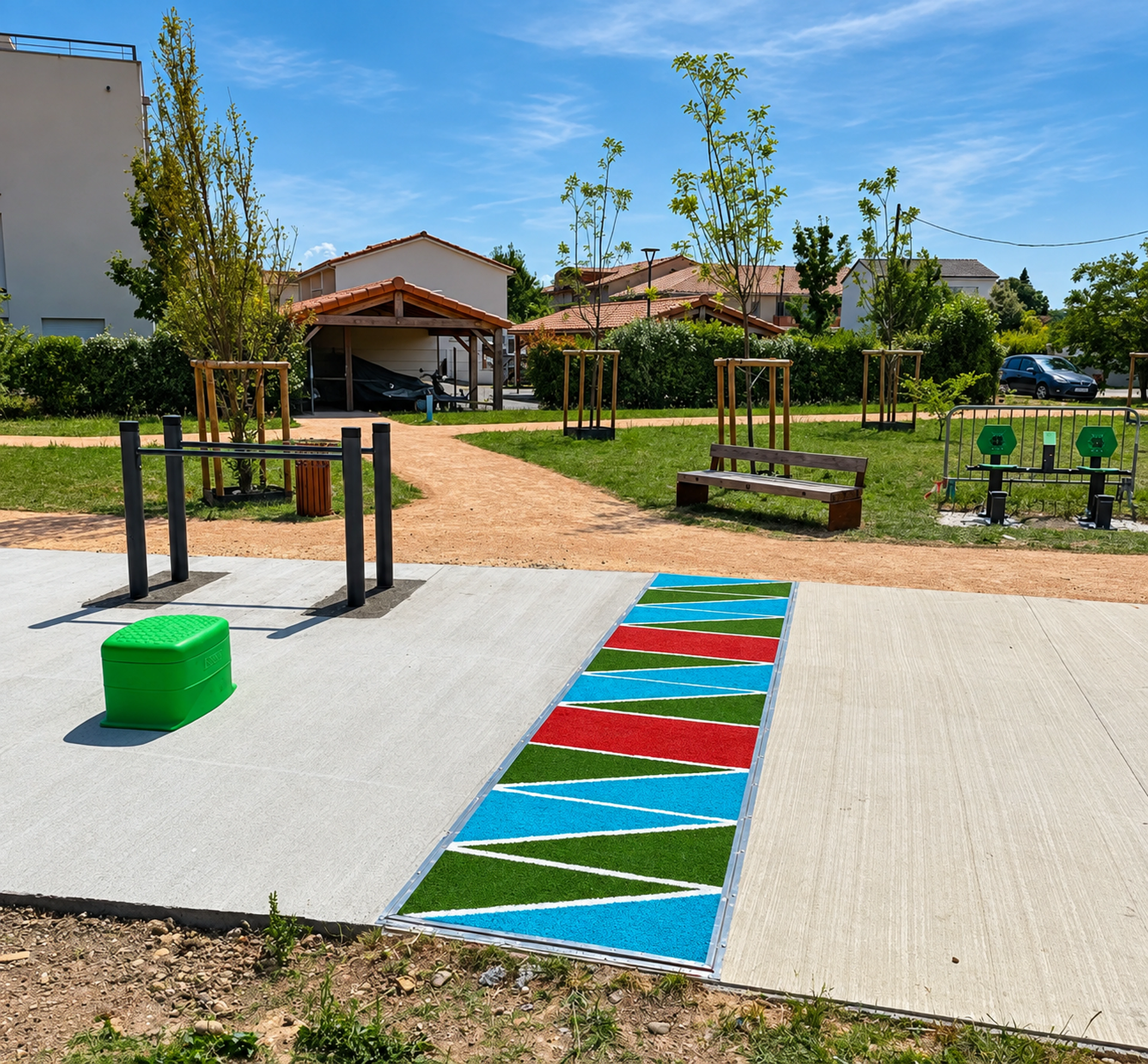Couloir de vélocité en dalles colorées et bordures de l'aire de fitness AirFit de Labarthe-sur-Lèze