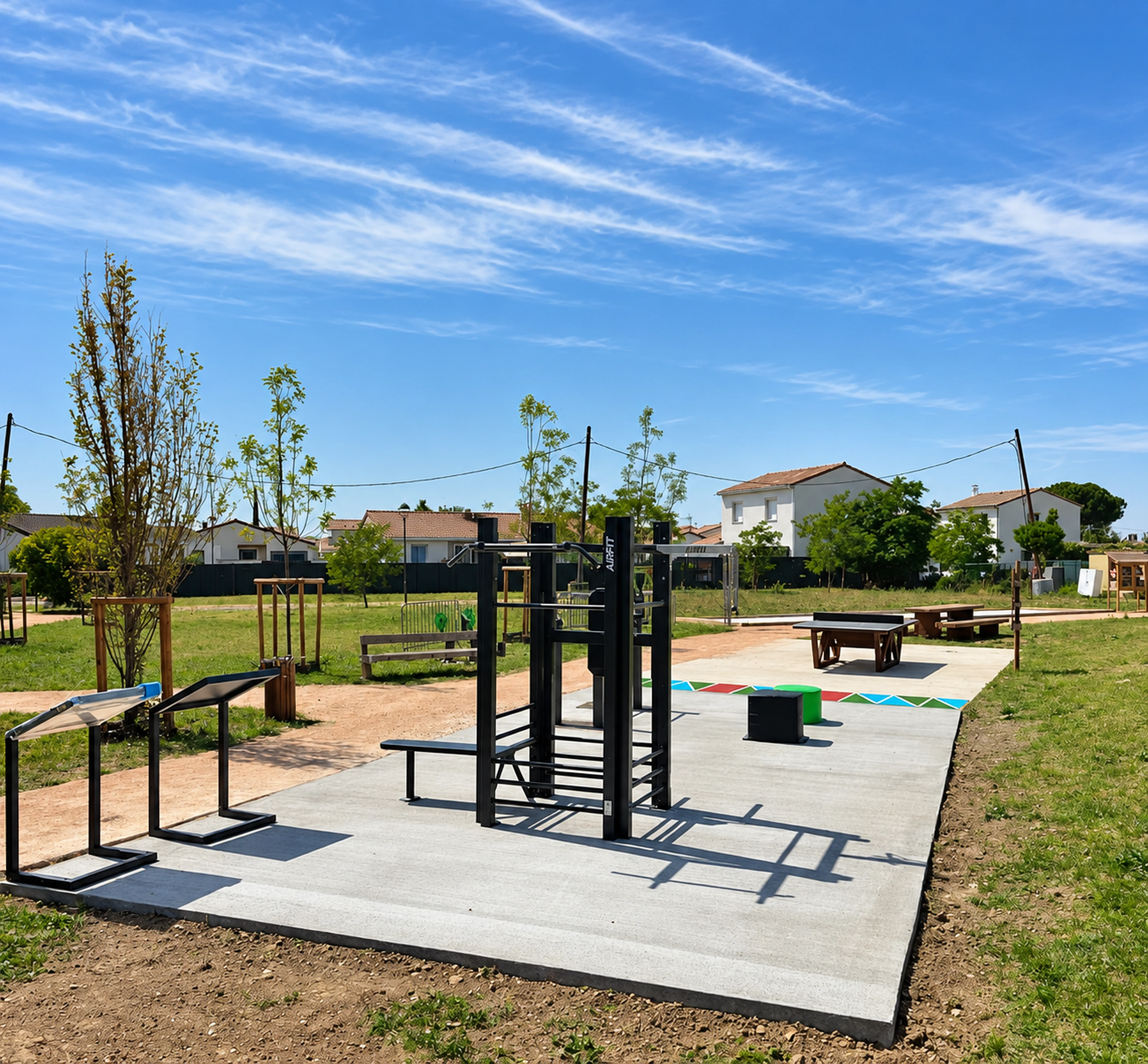 L'aire de fitness AirFit de Labarthe-sur-Lèze vue depuis le cheminement du quartier Enroux