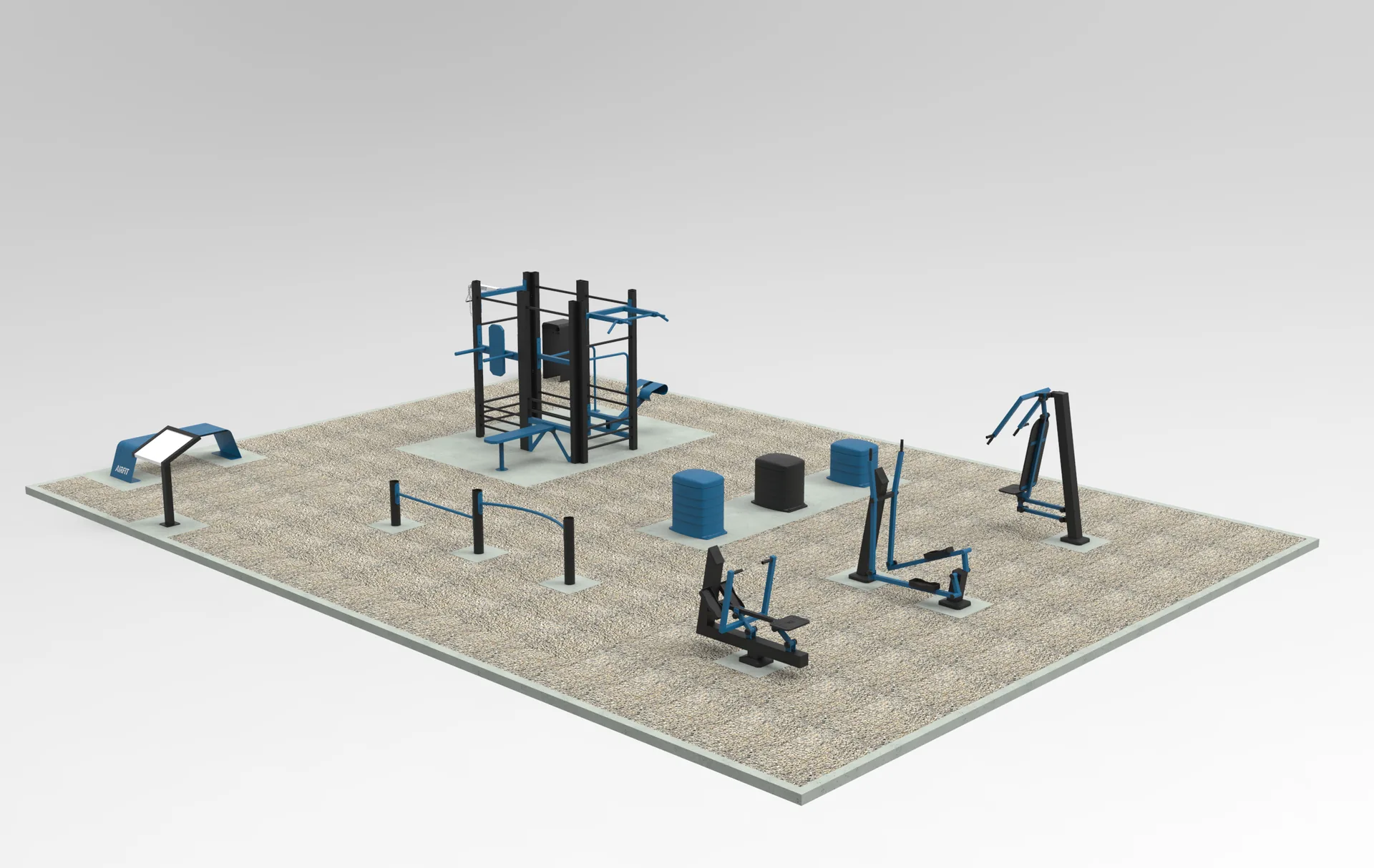 Plan 3D du plateau sportif AirFit d'Auby : station 6 faces, street-workout, plints et agrès guidés