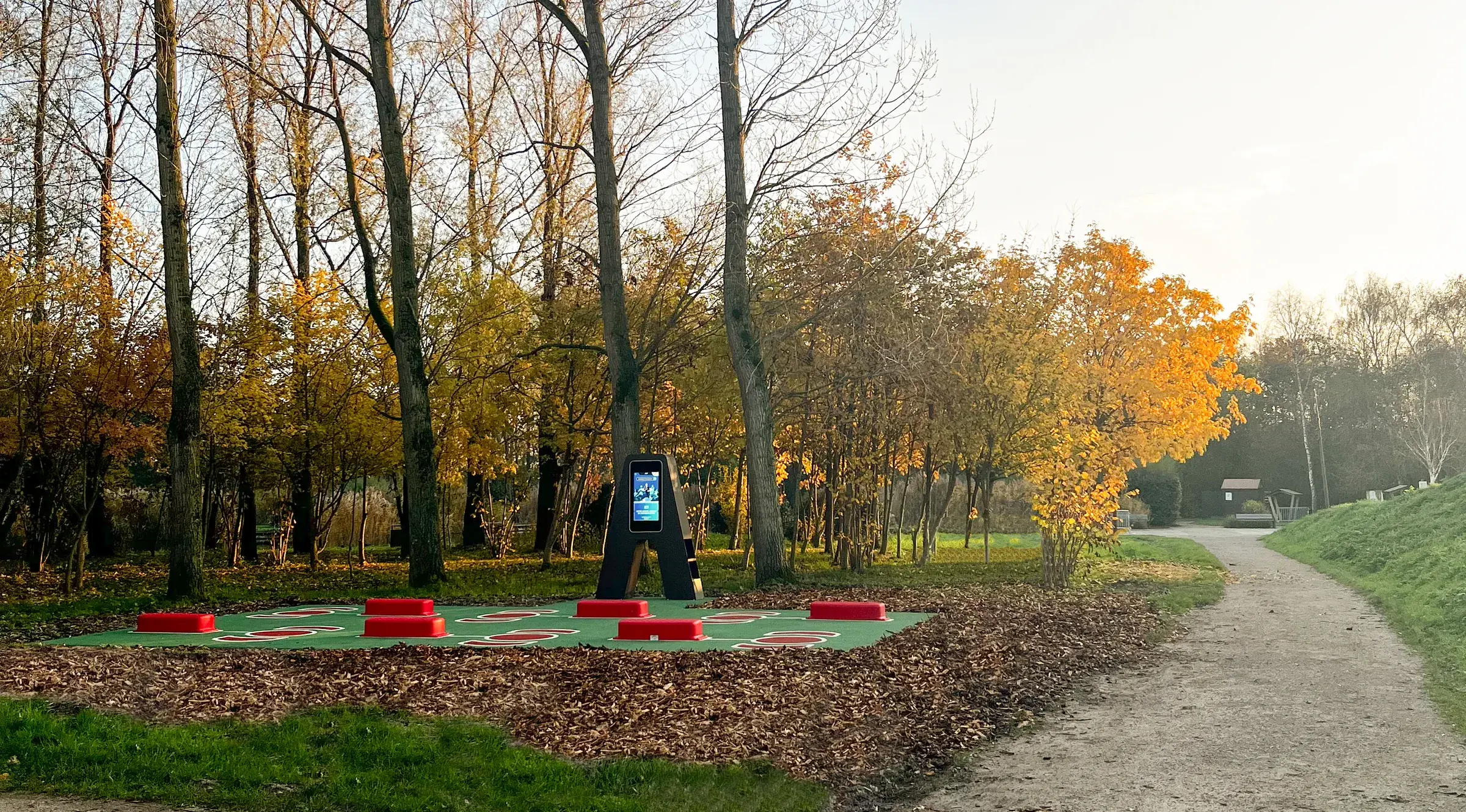 L'Arena AirFit du parc Galamé à Loon-Plage, en lisière d'un cheminement, entre les arbres