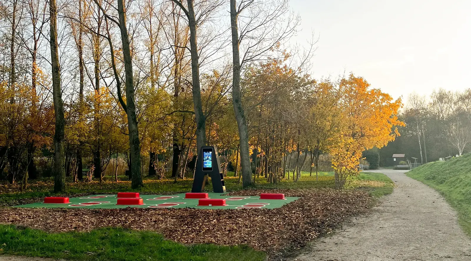 L'Arena AirFit du parc Galamé à Loon-Plage, en lisière d'un cheminement, entre les arbres