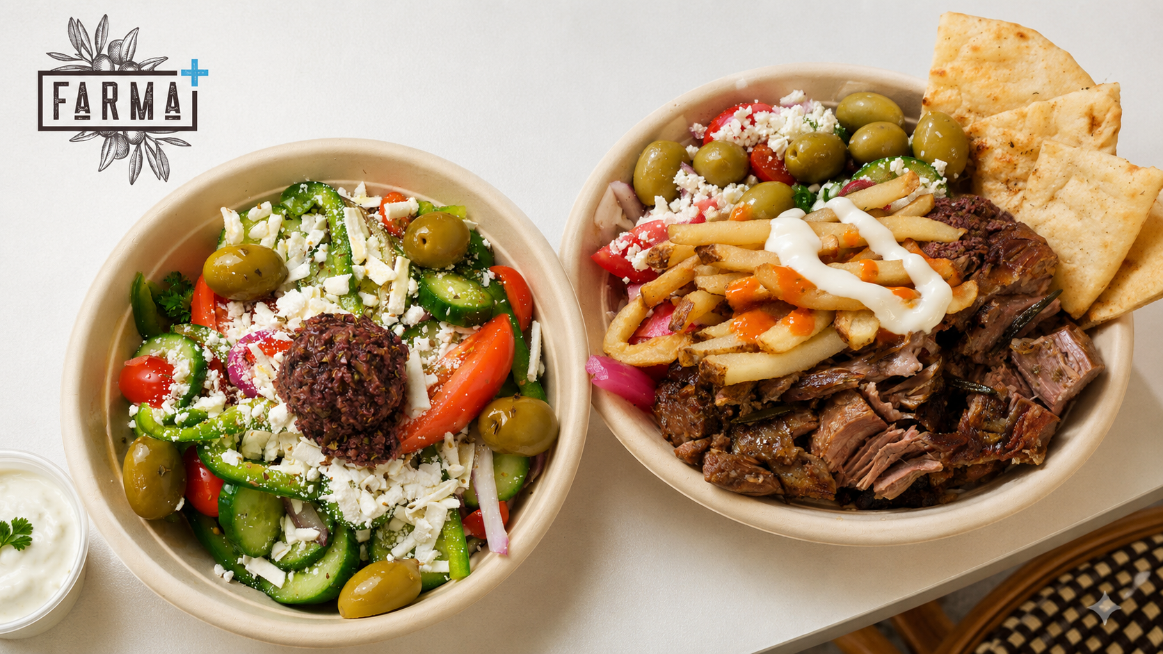 Two photos of Greek comfort food: fries with sauce and herbs in paper wrap, and a bowl with pita bread, olives, salad, grilled halloumi, and a dollop of tapenade.