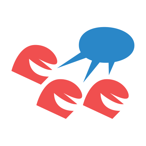 Three red abstract human figures with one speaking into a blue speech bubble.