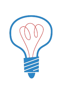 Simple blue outline of a light bulb with a red, heart-shaped filament inside.
