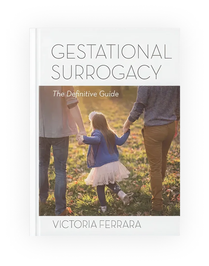 Book cover titled 'Gestational Surrogacy The Definitive Guide' with a family holding hands in a sunlit field.