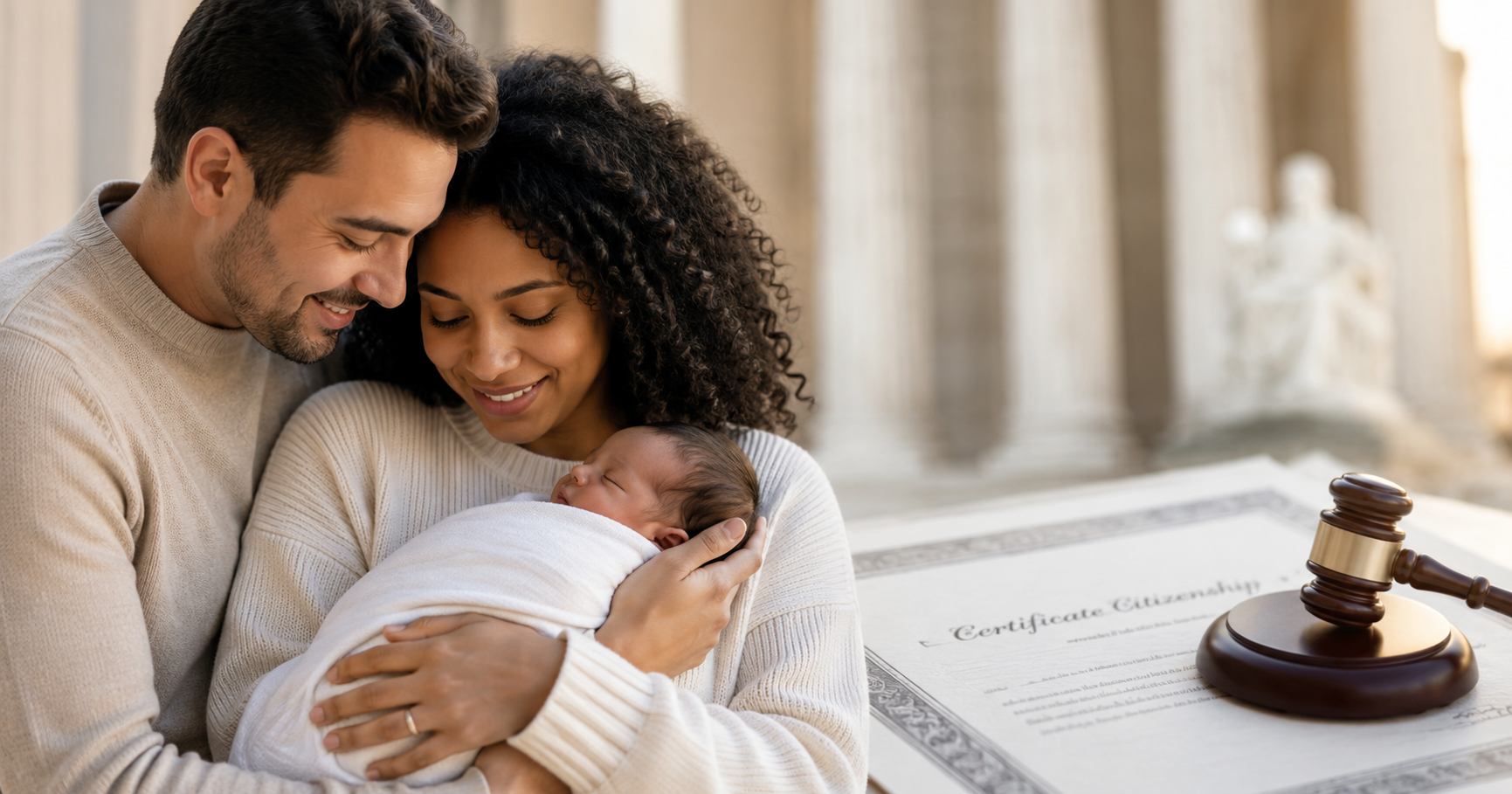 Intended parents holding a newborn, representing birthright citizenship protections for families created through surrogacy.