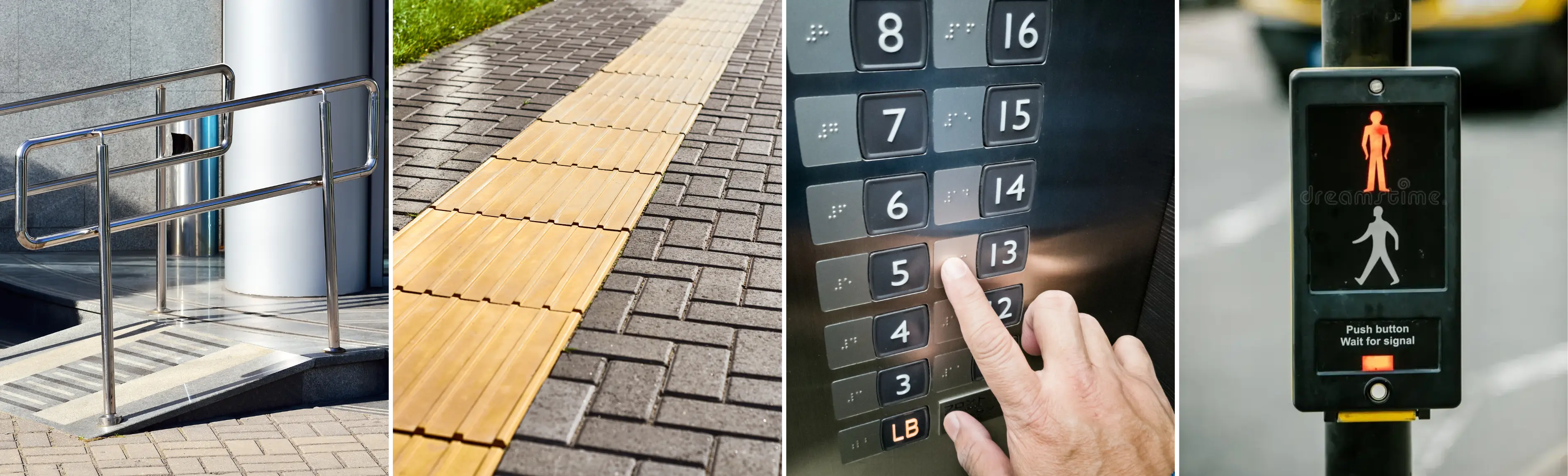 A collage of four images depicting accessibility features. First: a ramp with handrails outside a building. Second: tactile paving for visually impaired pedestrians on a sidewalk. Third: a close-up of a hand pressing an elevator button with Braille markings. Fourth: an illustration of a woman guiding a man with a white cane down a street.