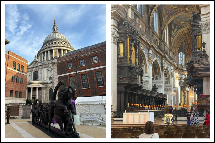 Exterior and interior views of St Paul’s Cathedral — the iconic dome and statues outside, and the grand interior with intricate architecture, golden details, and softly lit candles inside.
