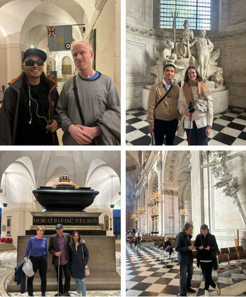 A collage of four photos showing Travel Hands VIPs and Sainsbury’s volunteers exploring St Paul’s Cathedral. The pairs are seen smiling, conversing, and touring the historic site, including the statue area and Admiral Horatio Nelson’s tomb.