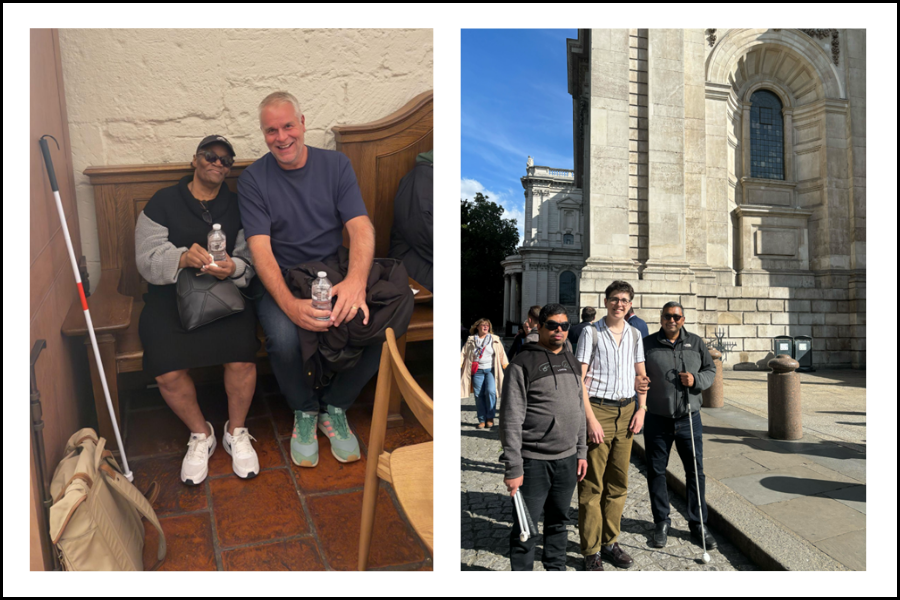 Travel Hands VIPs and Sainsbury’s volunteers enjoying a meaningful day together — one pair sharing smiles during a break and another group exploring the cathedral grounds in the sunshine.