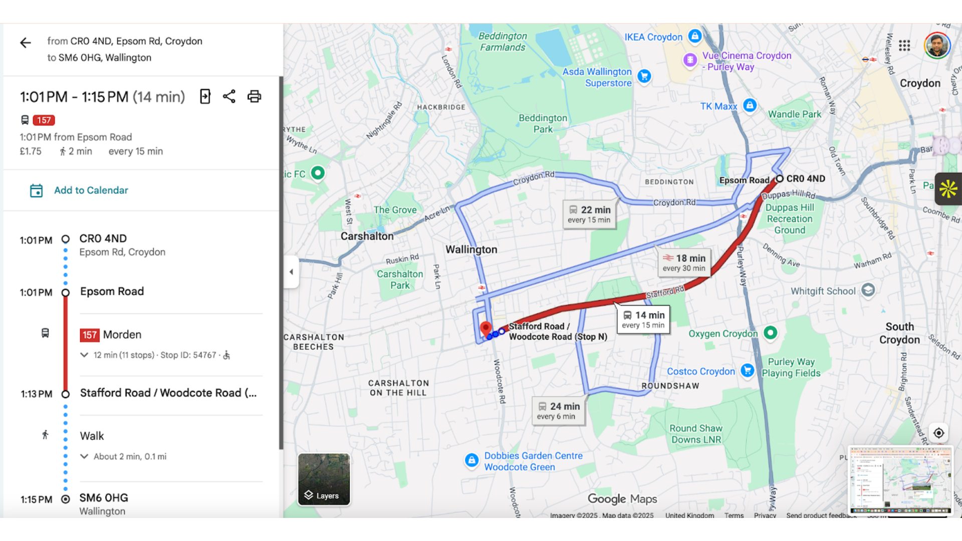 Google Maps screenshot showing a planned public transport journey from a residential address to a destination in Wallington. The route includes walking sections and a bus journey, with estimated travel times, bus stops, and route lines highlighted on the map.