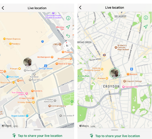 Two screenshots of WhatsApp live location sharing on Google Maps. Each map shows the real-time position of a visually impaired person moving through a busy town centre, with nearby shops, roads, and landmarks visible. The shared location helps a remote guide monitor journey progress and provide timely support.