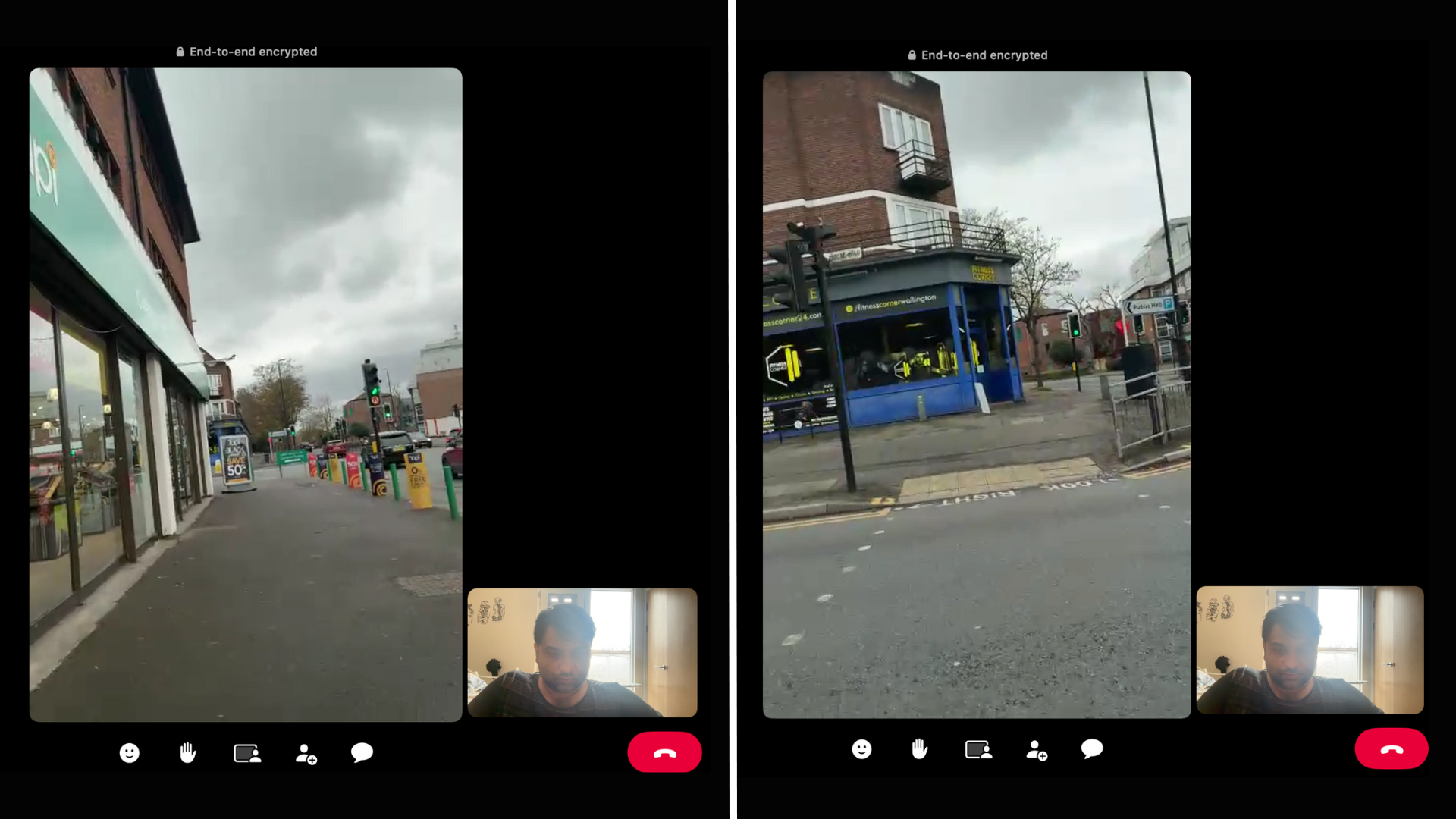 Split-screen screenshot of a live video call during a virtual guiding session. The main view shows a city pavement and a road crossing with traffic lights, shopfronts, bollards, and passing vehicles. A smaller window shows the Travel Hands Guide on the call, providing real-time verbal guidance while monitoring the surroundings.