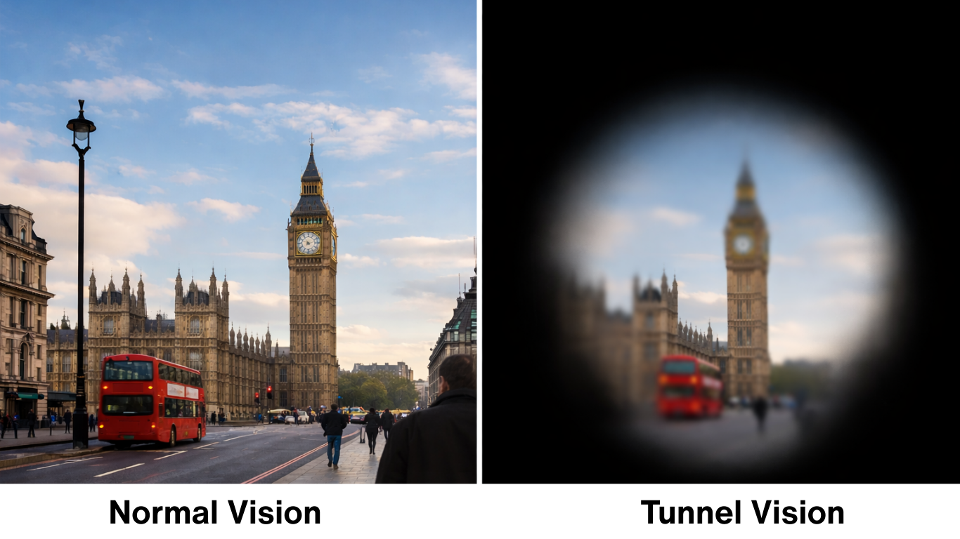 Side by side comparison of normal vision and tunnel vision showing how peripheral vision is lost.