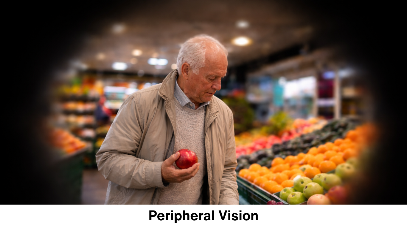 Peripheral vision loss simulation showing clear central vision while the outer edges of the visual field fade into darkness.