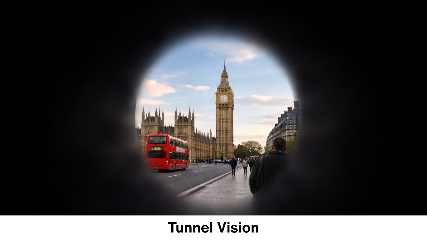 Tunnel vision simulation showing how peripheral vision disappears, leaving only a small central view of a London street scene.