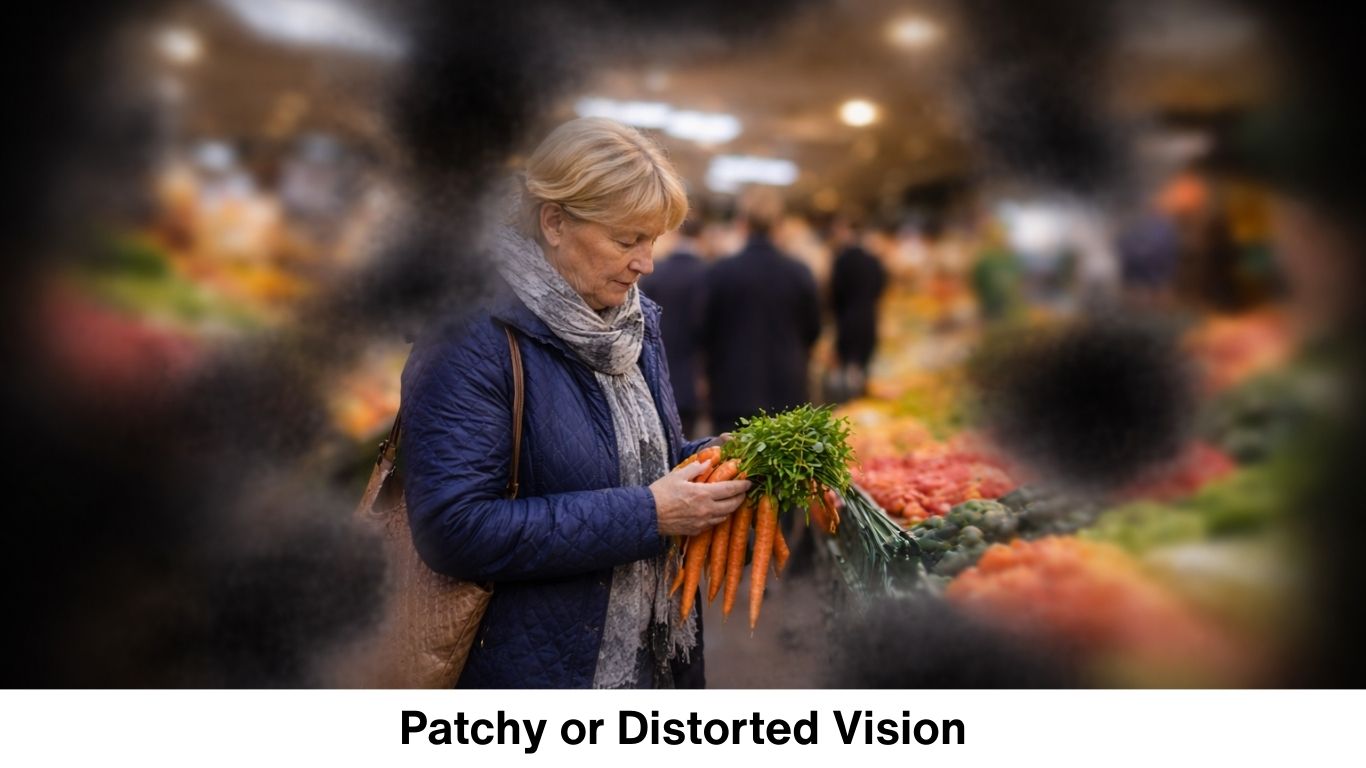 Simulation of patchy or distorted vision where parts of the visual field appear blurred, faded, or missing.