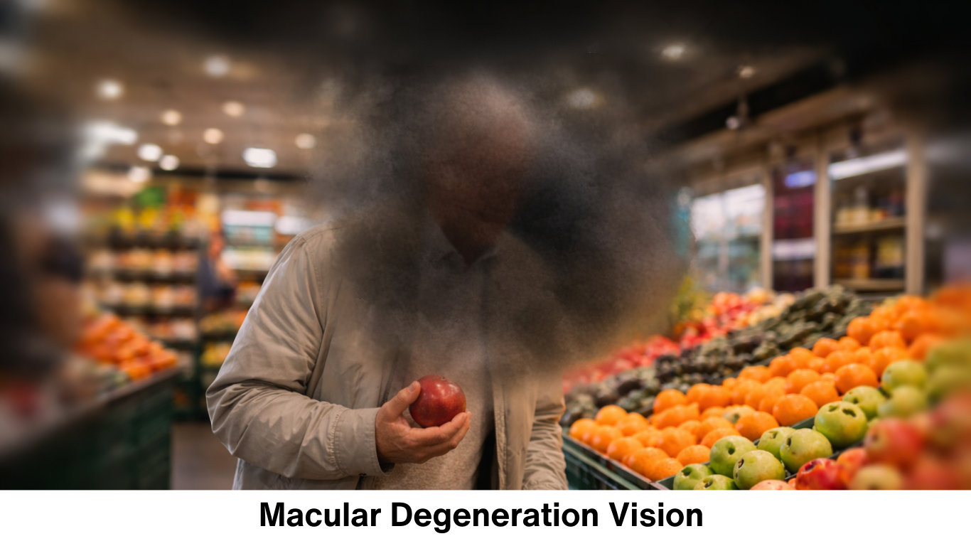 Simulation of macular degeneration showing a dark blurred spot in the centre of vision while peripheral vision remains visible.