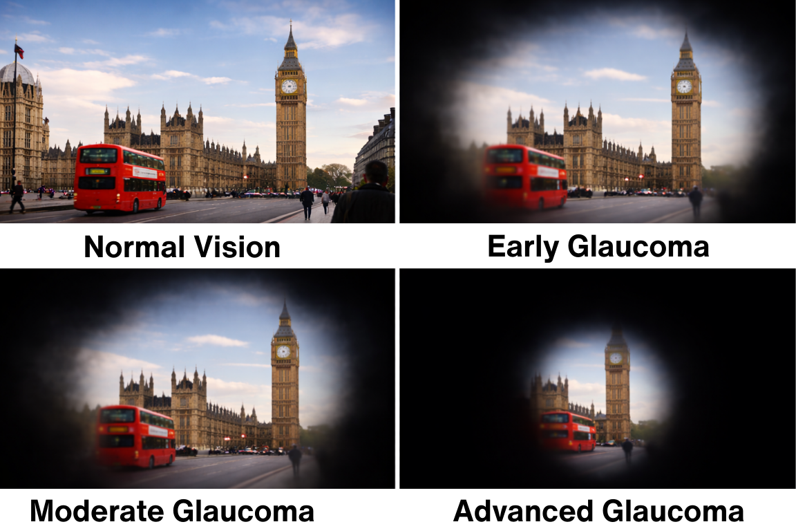 Simulation showing how glaucoma affects vision over time, from normal vision to early, moderate, and advanced tunnel vision.