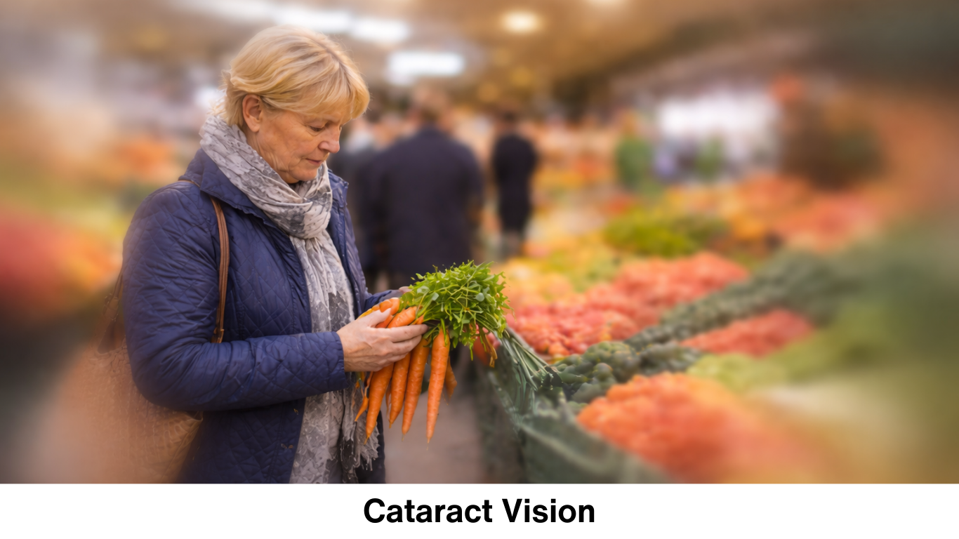 Simulation of cataract vision showing cloudy and hazy eyesight when looking at objects in a market environment.