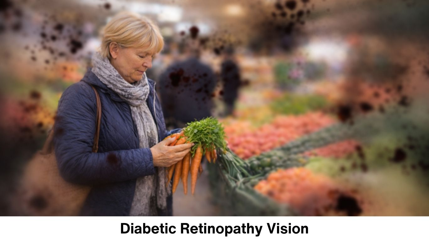 Diabetic retinopathy vision simulation showing dark floating spots and blurred areas affecting a person’s ability to see clearly in a grocery store.