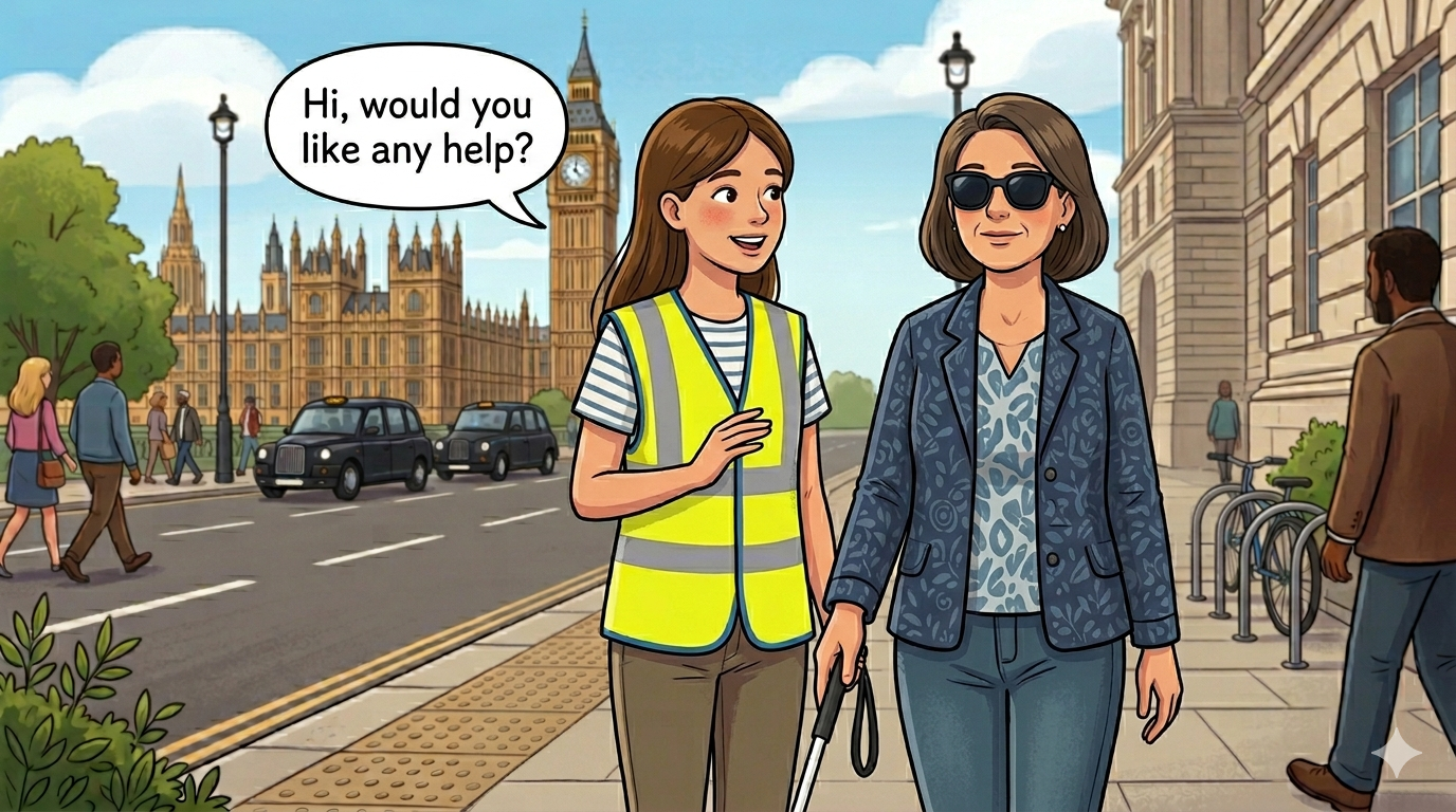 Volunteer asking visually impaired person if they need help before guiding