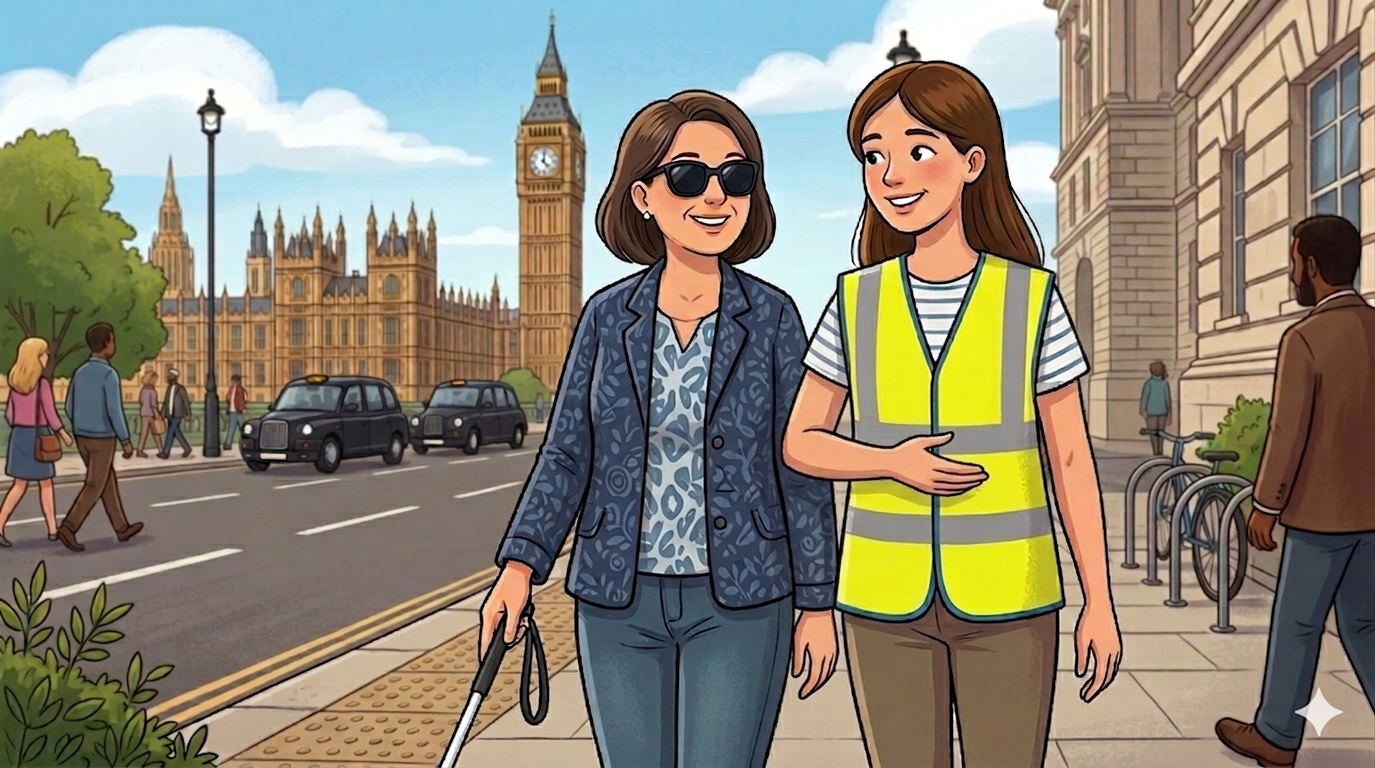 Volunteer guiding visually impaired person while walking and communicating clearly in city