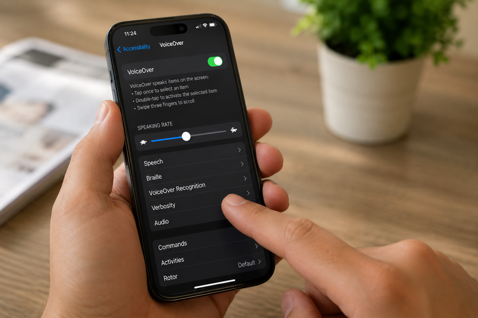 VoiceOver screen reader settings on an iPhone showing accessibility options for blind and visually impaired users