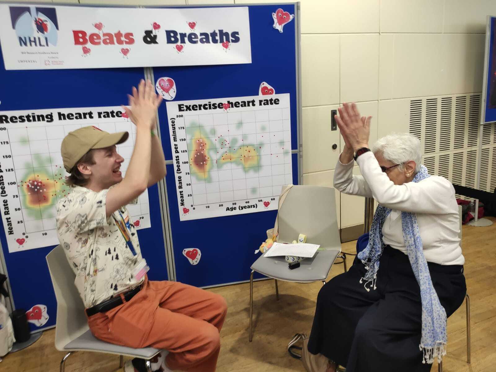 A participant and researcher take part in the Beats and Breaths activity during the Great Exhibition Road Festival.