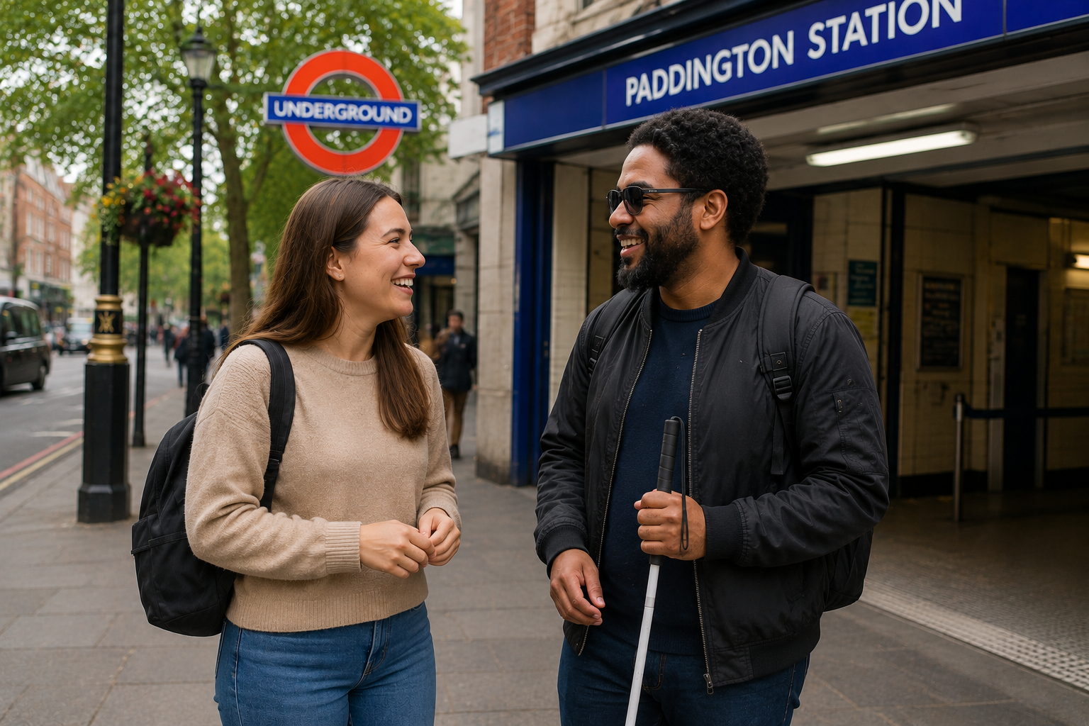 A volunteer introducing themselves to a visually impaired person with a white cane outside a London Underground station before beginning a journey.