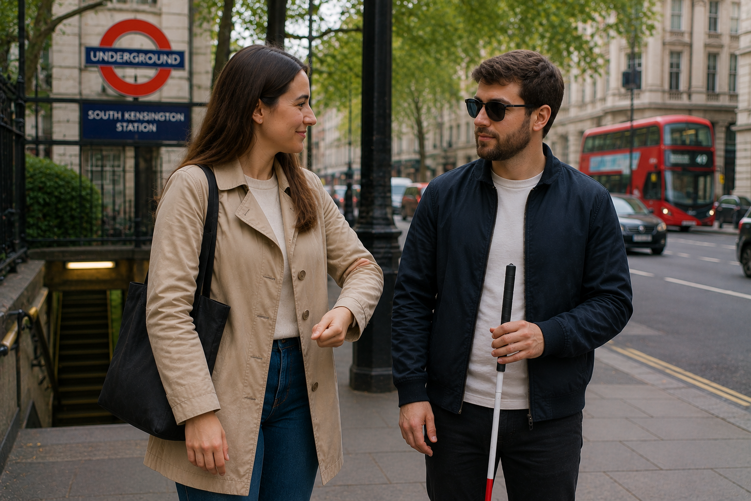 Volunteer politely offering assistance to a visually impaired person in London